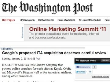 Google-ITA Software deal: Washington Post editorial asks Justice to consider power of Google