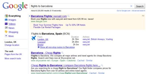 Google testing new display for flight search results