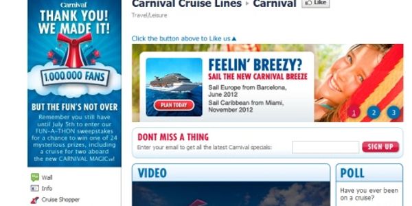 Carnival celebrates one million Facebook fans