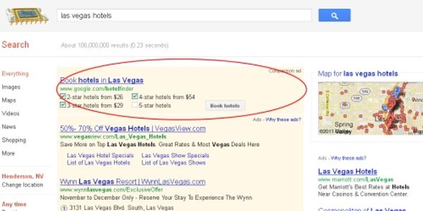 Google plants Hotel Finder tool right above every other ad