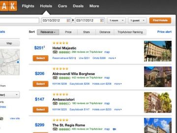 Kayak integrating TripAdvisor hotel ratings and reviews, downplaying others