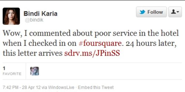 See, hotels do sometimes monitor consumer rants on social media - even FourSquare