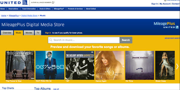 United Airlines frequent flier miles can now buy music, movies