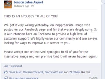 Facebook fans voice support after Luton Airport bad taste pic apology