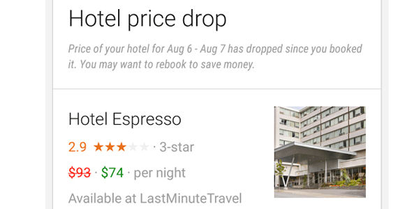 In a test, Google Now trials hotel price drop alerts