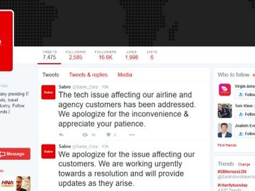 A Twitter timeline on Sabre's outage