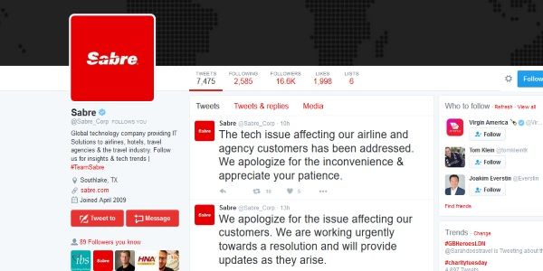 A Twitter timeline on Sabre's outage
