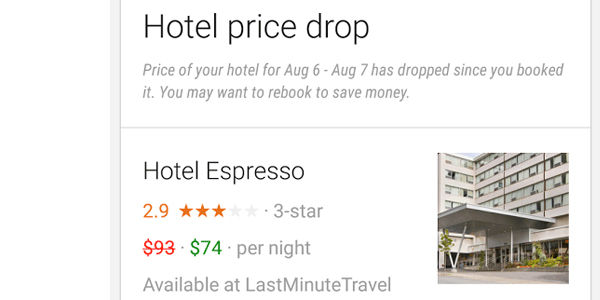In a test, Google Now trials hotel price drop alerts