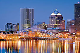 Rochester night skyline stock