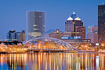 Rochester night skyline stock