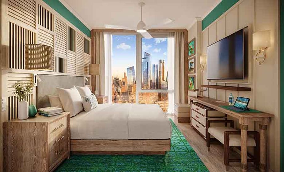 Guest rooms at the Margaritaville Times Square are designed to be an island oasis in the Big Apple.