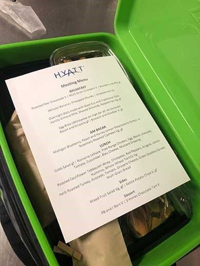 For a hybrid event held at the Hyatt Regency O’Hare, the property and planner arranged for identical meals on-site attendees were enjoying to be delivered to those at home.