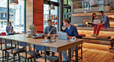 Flexible, tech-connected spaces
are in high demand from younger
guests, and Marriot's event hub
in Charlotte is testing
several concepts