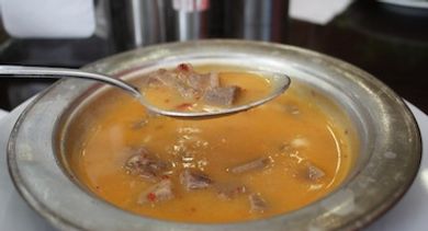 Kelle paça, a soup made from a stock of sheep's head and feet and topped off with bits of beef tongue.