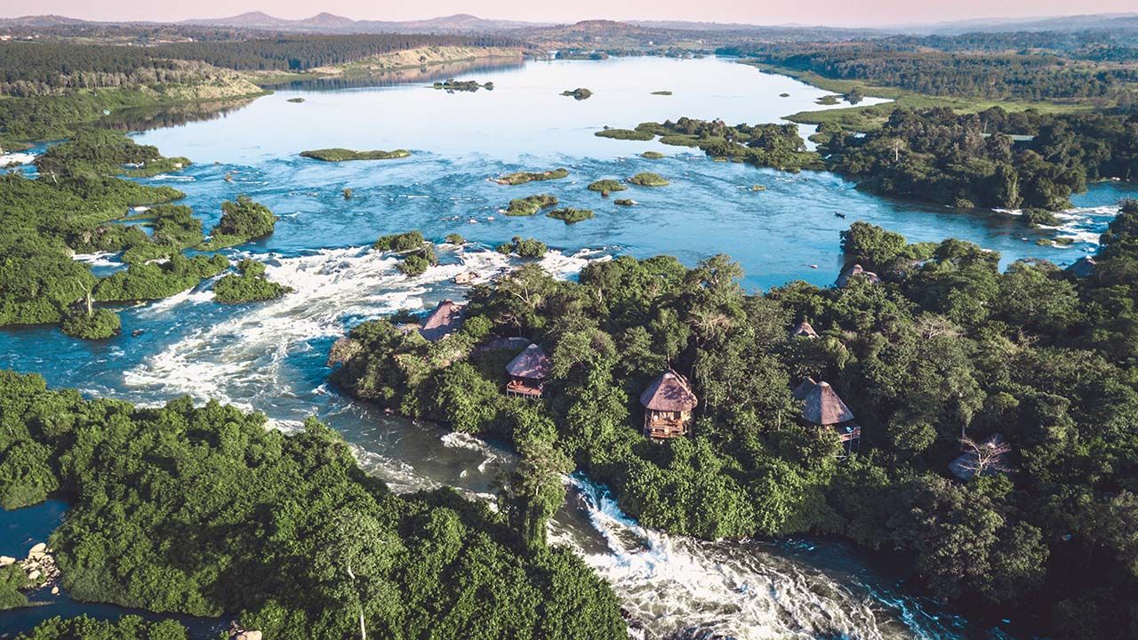 An aerial view of Lemala Wildwaters Lodge on the Nile River