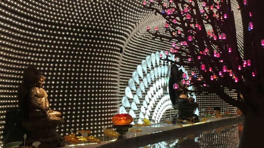The Baoen Temple’s light room dances in a rainbow of colors. // © 2017 Deborah Dimond 2