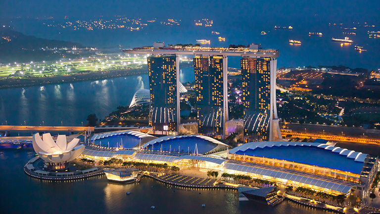 Marina Bay Sands includes the Sands SkyPark on the 57th floor, which offers panoramic views of Singapore.