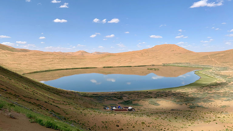 Badain Jaran Desert is known for the approximately 140 lakes on its otherwise-harsh terrain.