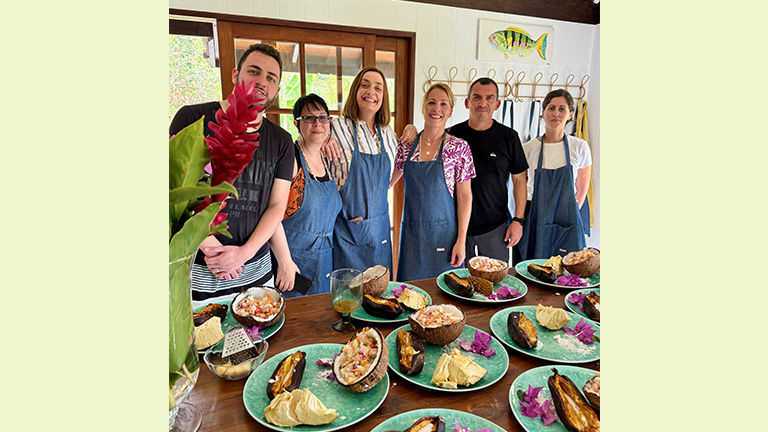 Brouillet’s classes teach travelers to cook traditional Tahitian dishes, including poisson cru. Brouillet’s classes teach travelers to cook traditional Tahitian dishes, including poisson cru.