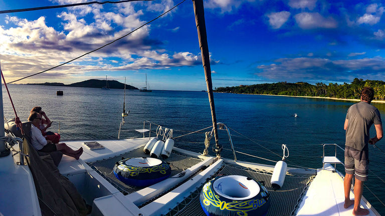 The catamaran can accommodate up to six guests and has two air-conditioned cabins.