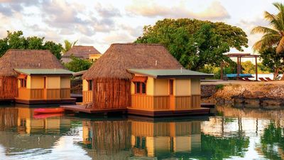 The floating adults-only accommodations sit on a protected lagoon. // © 2015 Koro Sun Resort