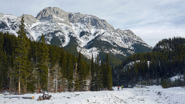 Hikers heading off into the backcountry not far from Mount Engadine Lodge