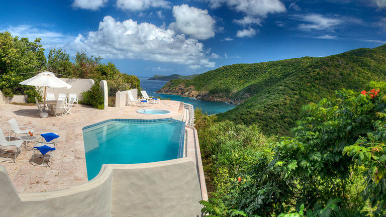 This two-bedroom villa’s pool overlooks Guana Island.