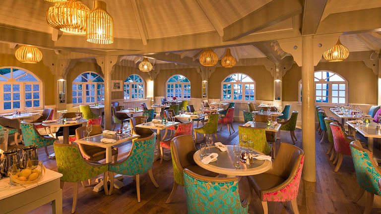Caribbean-inspired Bartley’s is one of the few air-conditioned eateries on the island.