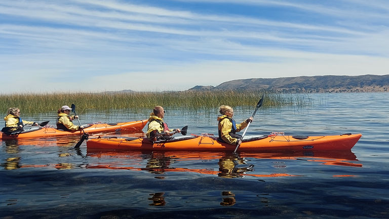 Clients can kayak through the reeds on Lake Titicaca.