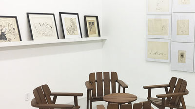 A montage by Saul Steinberg's montage (right) with other Brazilian drawings (left) at Galeria Mapa // © 2017 Sarah Taylor