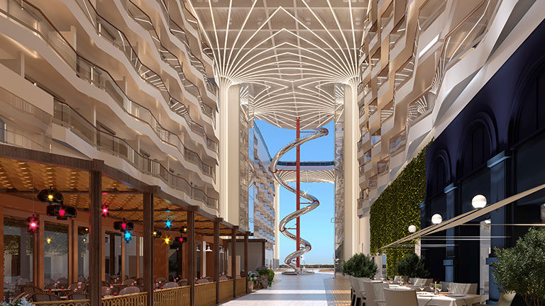The ocean-view Europa Promenade will be half open to the sky and partially covered by an LED screen.