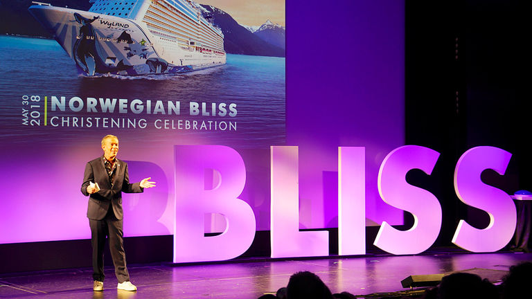 Radio personality Elvis Duran, godfather to Bliss, christened the ship during the ceremony.