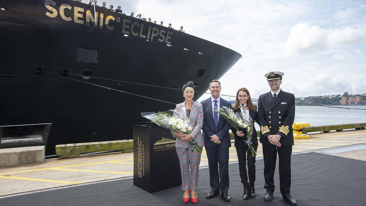 Actress Helen Mirren (left) serves as godmother of the 228-passenger Scenic Eclipse.