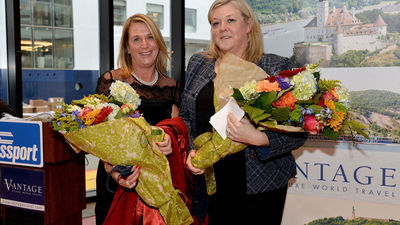 Godmothers Deirdre Dirkman, vice president of worldwide operations and Patricia Lewis, wife of Vantage Travel founder Henry R. Lewis, christened Ocean Explorer in Boston.