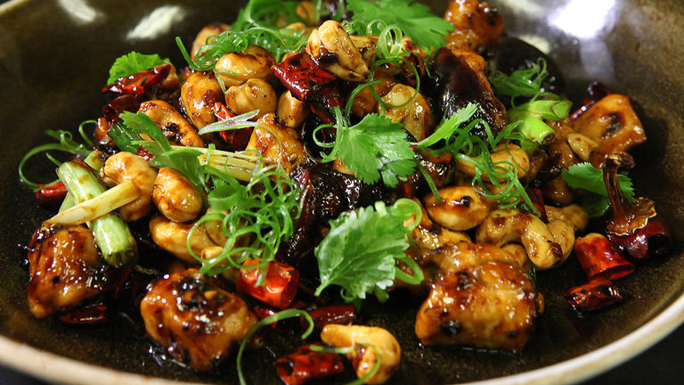 The Kung Pao Chicken, served with Sichuan peppercorns, chilis and cashews, is a popular choice at JiJi Asian Kitchen.