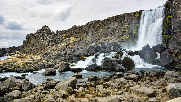 Oxararfoss Waterfall is located in Thingvellir National Park.