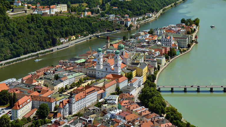 Three rivers meet at a scenic point in Passau's Old Town.
