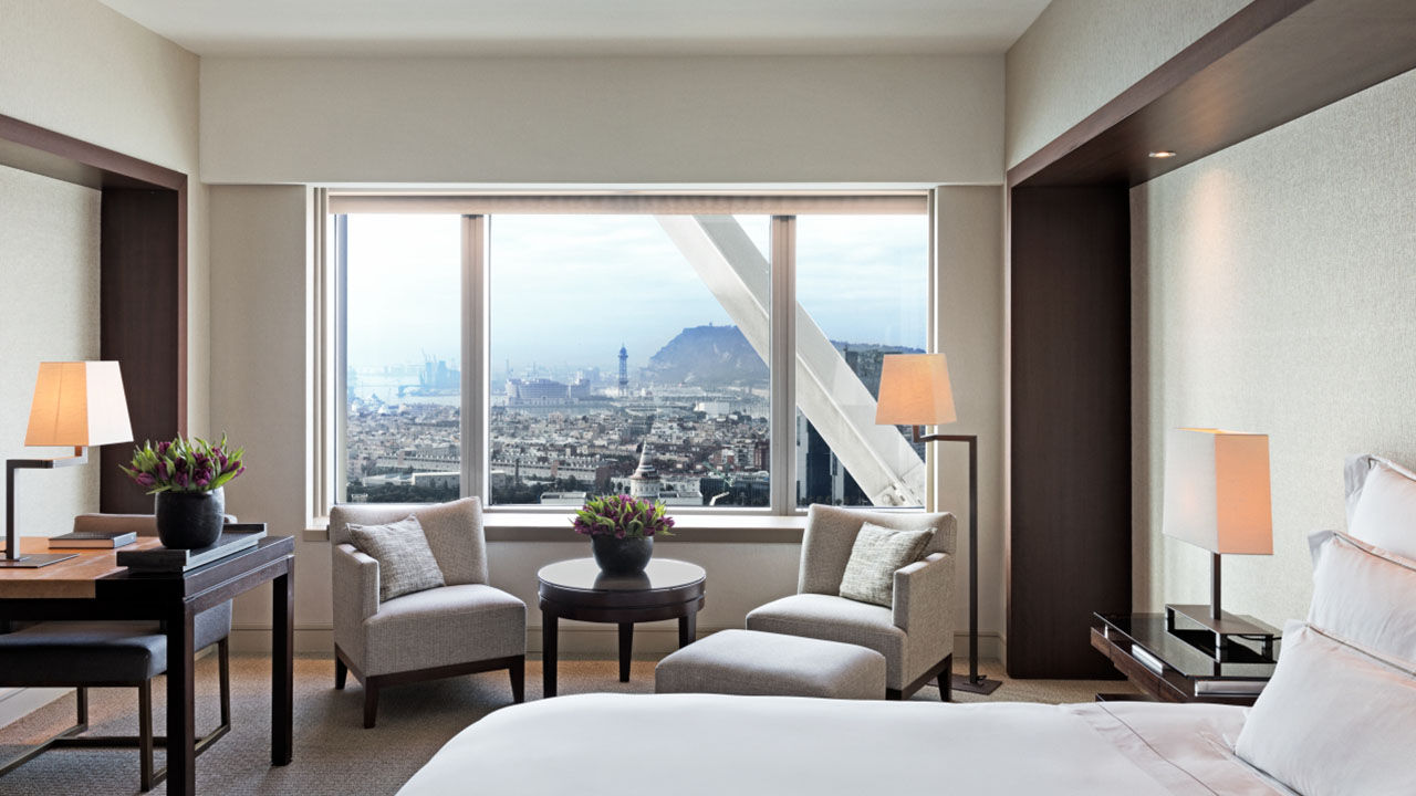 A guestroom with a city view