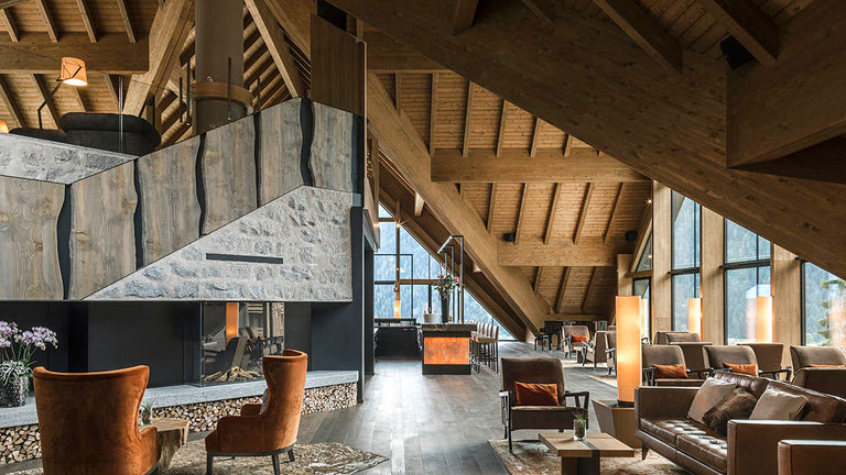 The chic lobby of Lefay Resort & Spa Dolomiti