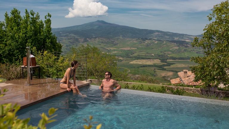 The infinity pool is one of many outdoor spaces offering great views of the surrounding valley.