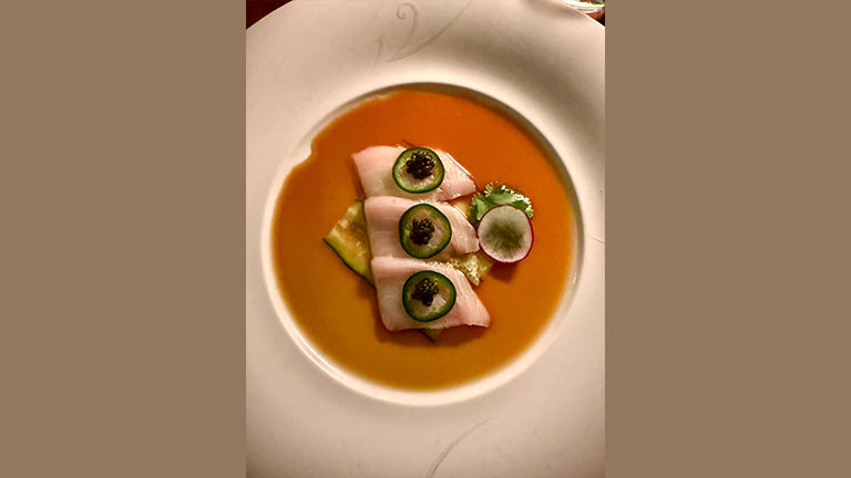 Yellowtail topped with jalapeno and caviar at Nobu