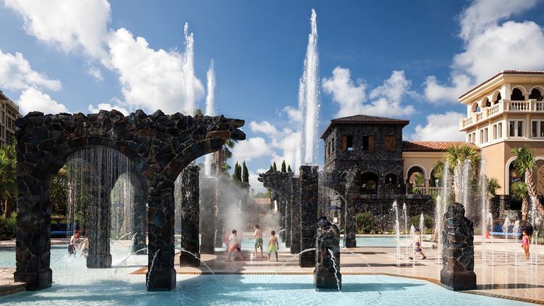 The resort's Splash Zone has a choreographed fountain that shoots water 30 feet into the air.