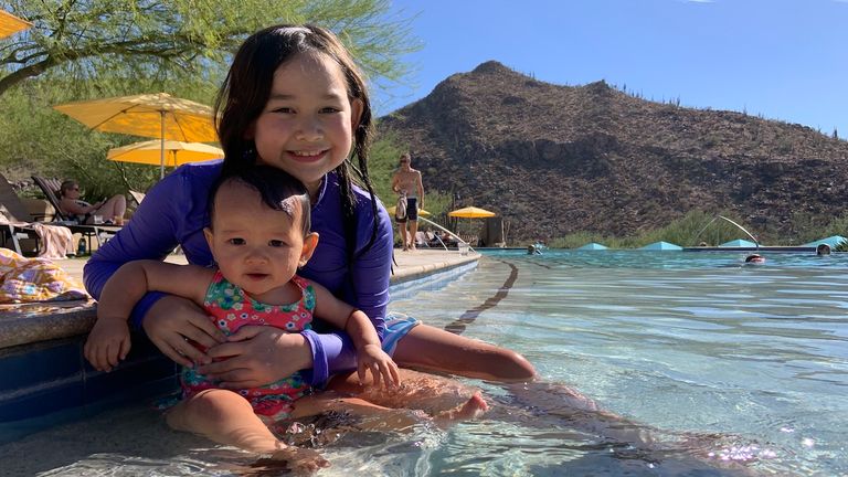 The writer’s daughters enjoying the Turquesa Pool