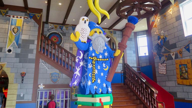 A large Merlin statue made from more than 250,000 Lego pieces greets guests at the hotel’s entrance.
