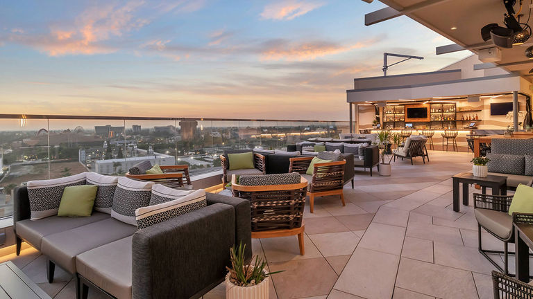Parkestry Rooftop Bar at JW Marriott Anaheim offers unobstructed views of Disneyland.