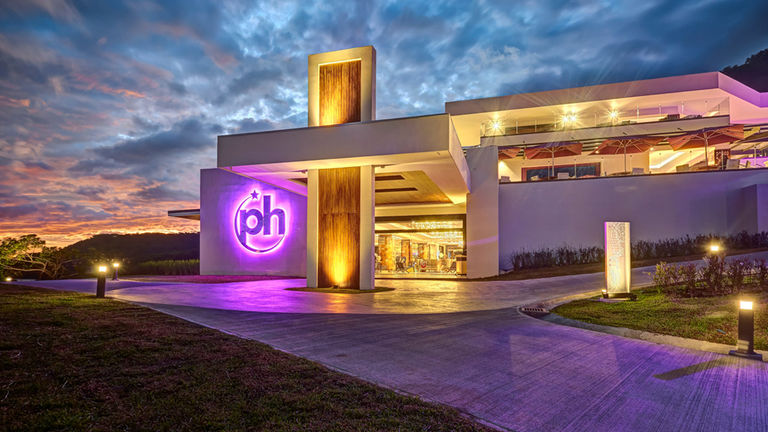 The posh resort has a hip purple color scheme.