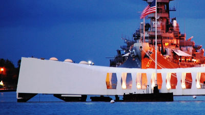 Pearl Harbor attractions include USS Arizona Memorial (foreground) and Battleship Missouri Memorial. // © 2016 75th Commemoration Committee 2