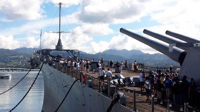 At Pearl Harbor, the bow of the Battleship Missouri Memorial points toward the Arizona Memorial. // © 2014 Battleship Missouri Memorial 3