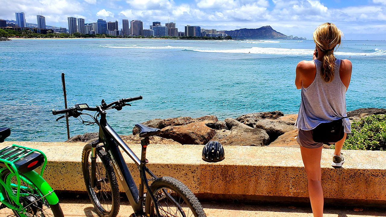 During the electric bike tours, clients get great photo ops of Waikiki and Diamond Head.