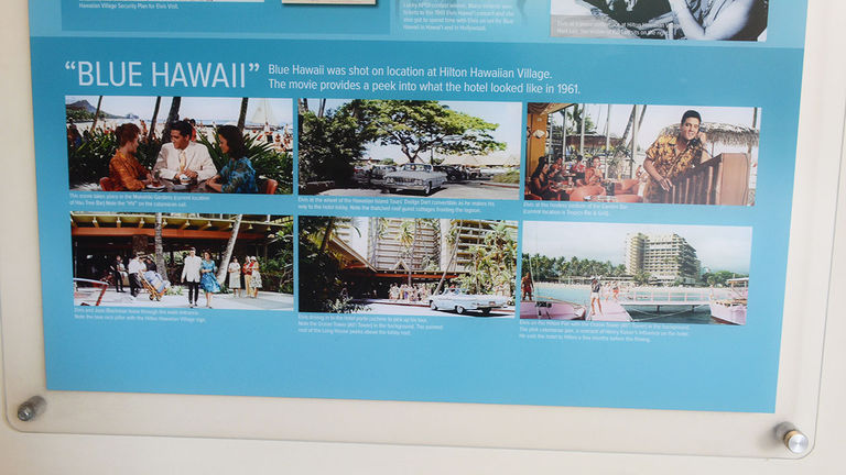 Hilton Hawaiian Village’s history wall features photos of Presley during his Blue Hawaii film shoots around the hotel.